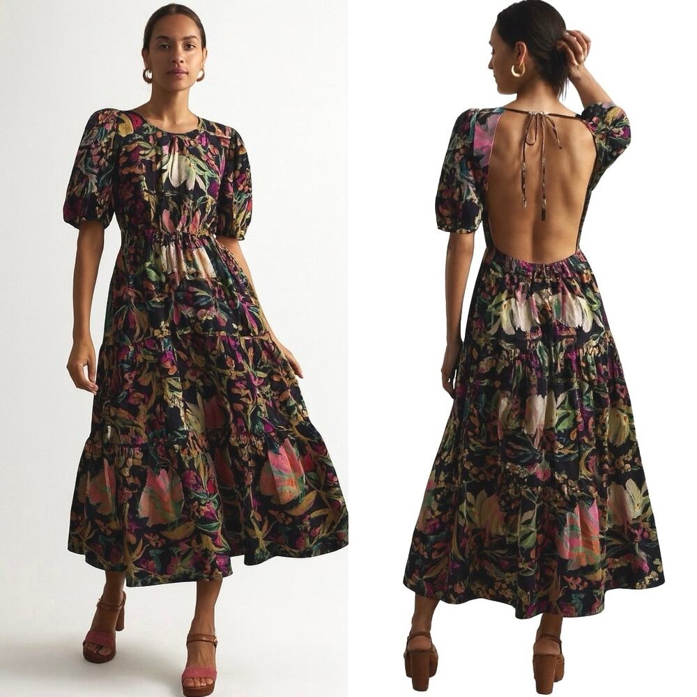 Anthropologie Conditions Apply Maxi Dress Puff Sleeve Open Back Cottagecore | S